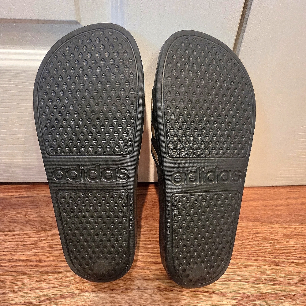 Adidas Black Slides with Gold Stripes - Picture 2 of 3